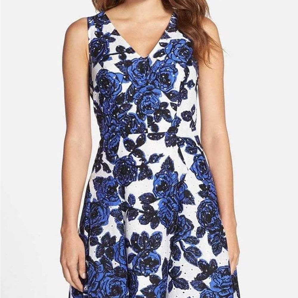 Adrianna Papell Floral Print Fit and Flare Dress Blue White - Picture 6 of 14